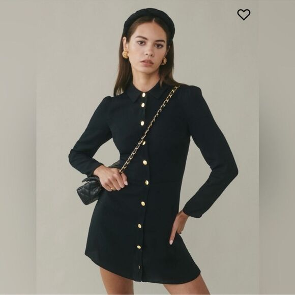 Reformation Dresses & Skirts - Reformation Hugh Black Collared Long Sleeve Mini Dress Gold Button Down Size 8
